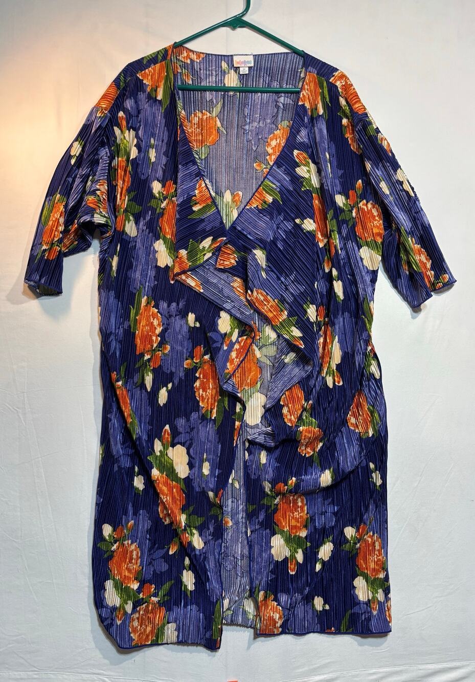 LuLaRoe Floral Pleated Open Front Top Blue Orange Green 3/4 Sleeve M